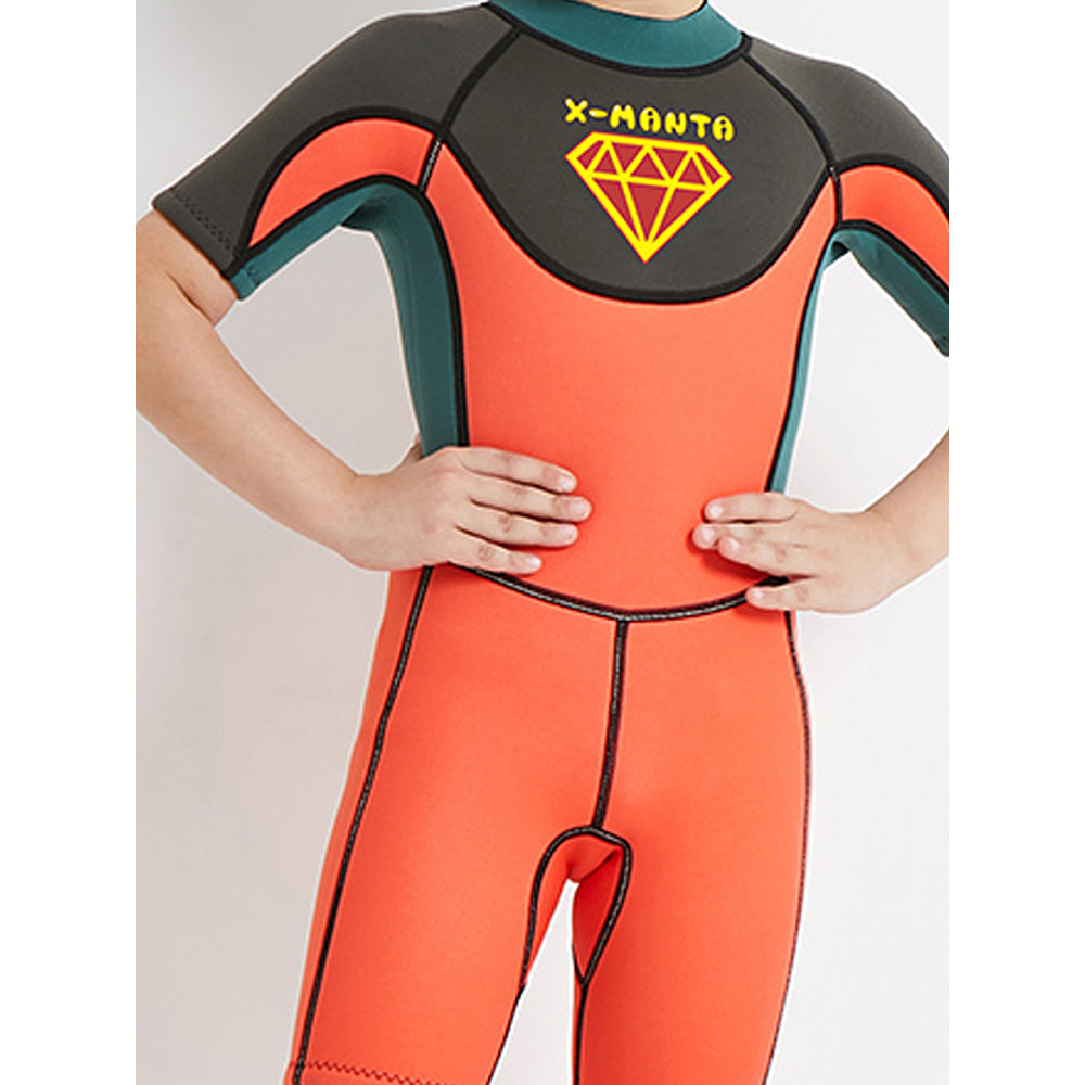 Little Surprise Box Superhero Green & Orange 2.5mm Neoprene Knee Length Kids Swimsuit, Half Sleeves Swimwear