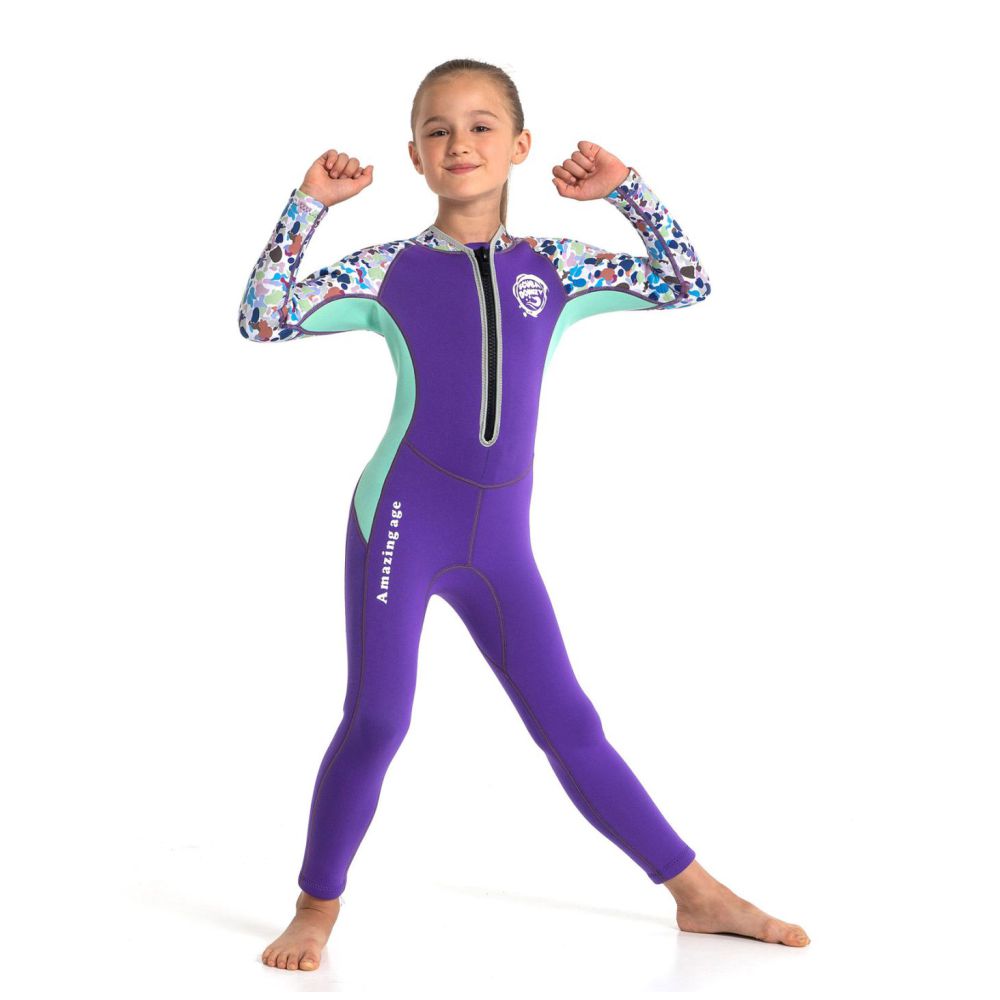 Violet Printed Sleeves Full Length Scuba Swimsuit 2.5mm Neoprene Swimwear for water adventures for KidsTeens and Adults