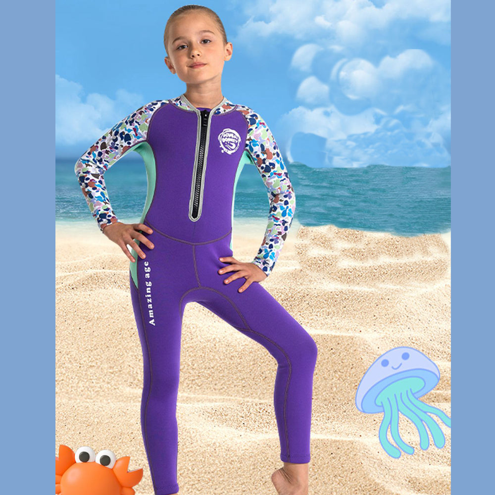 Violet Printed Sleeves Full Length Scuba Swimsuit 2.5mm Neoprene Swimwear for water adventures for KidsTeens and Adults