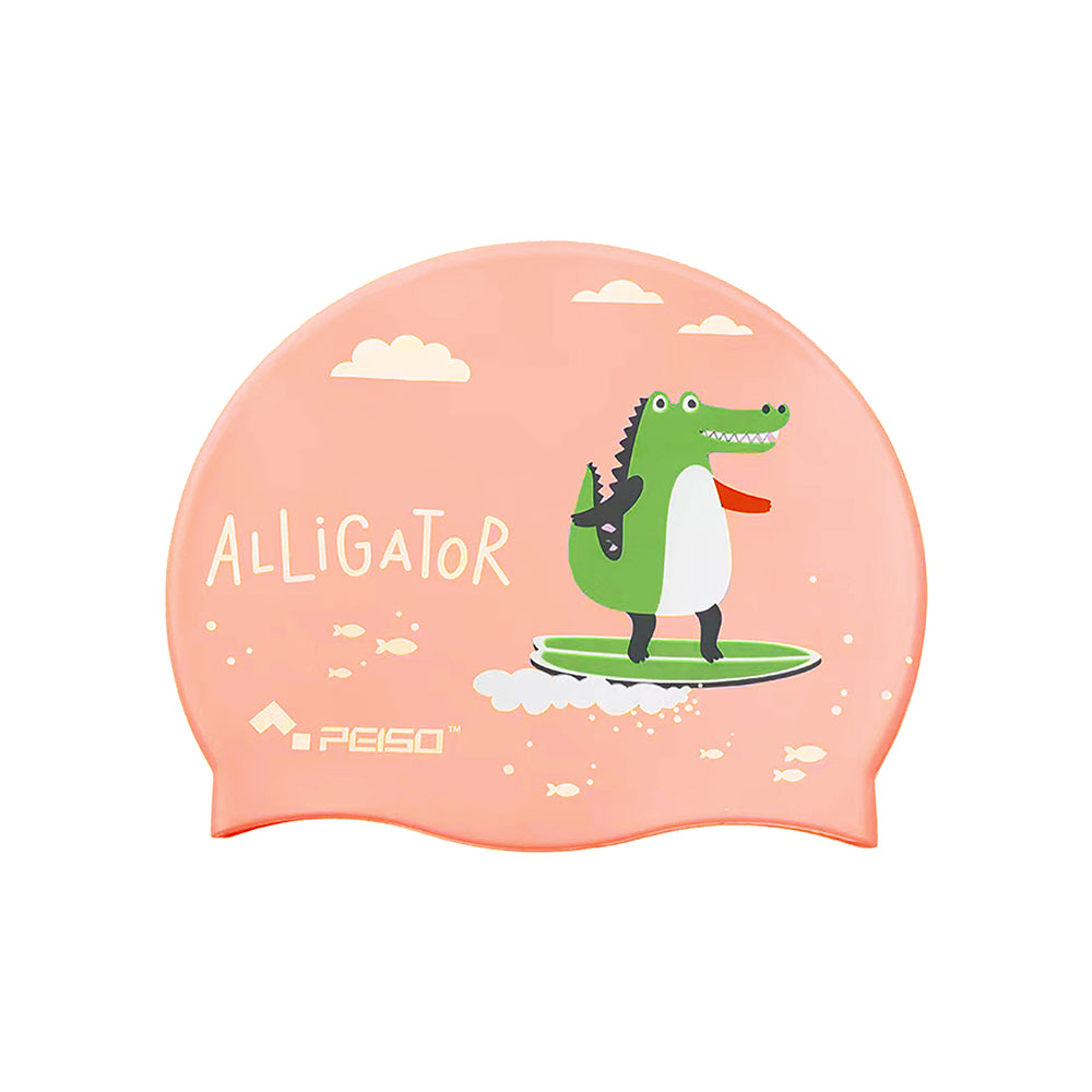 Little Surrpise Box Silicone Kids Swimming Cap, Surfer Alligator Print , Peach