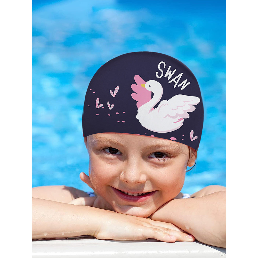 Little Surprise Box, Silicone Kids Swimming Cap, Floating Swan, Navy