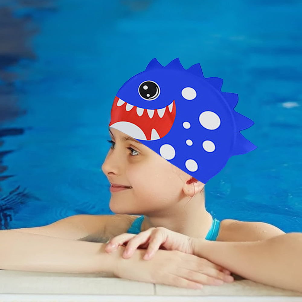 3d White Polka Cobalt Blue , Silicone Kids Swim Cap, 5 years - 15 years