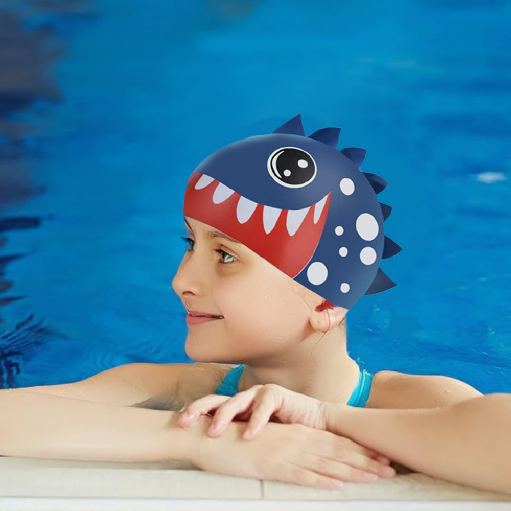 3d White Polka Navy , Silicone Kids Swim Cap, 5 years -15 years