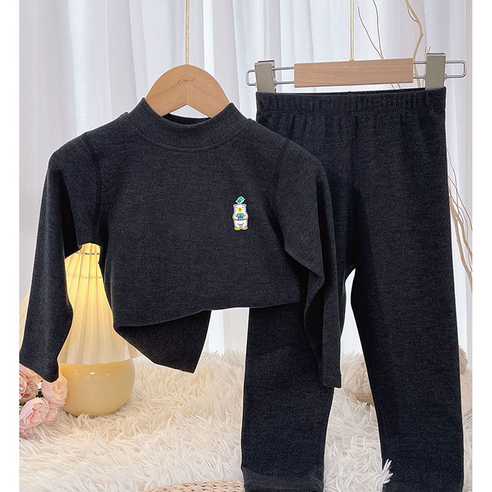 Little Surprise Box Black Kelly Crew Neck Upper & Lower Body Thermal Winter Warmers For Kids-Set Of 2 Pcs