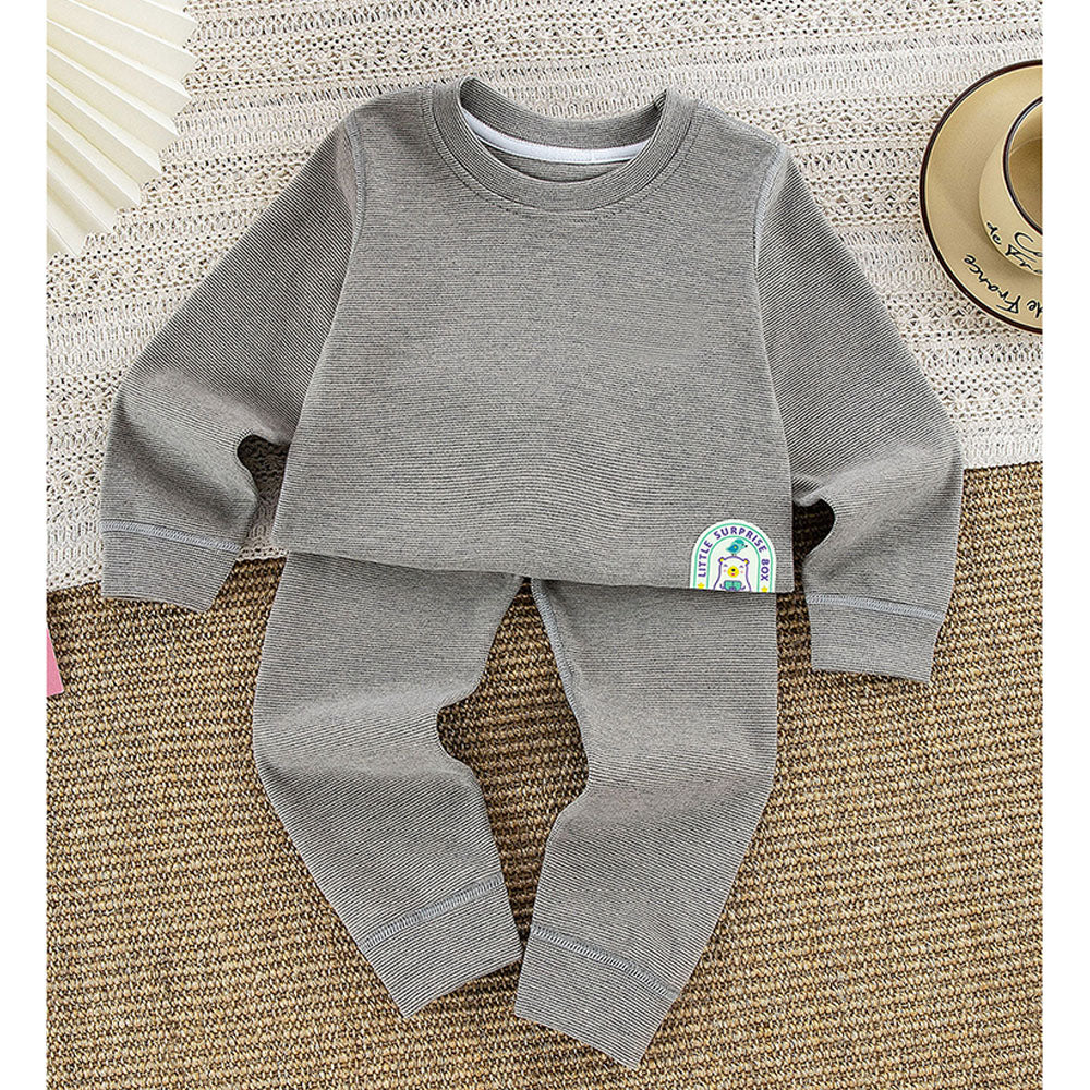 Little Surprise Box , Stripes Grey Round Neck Upper & Lower Body Thermal Winter Warmers For Kids-Set Of 2 Pcs