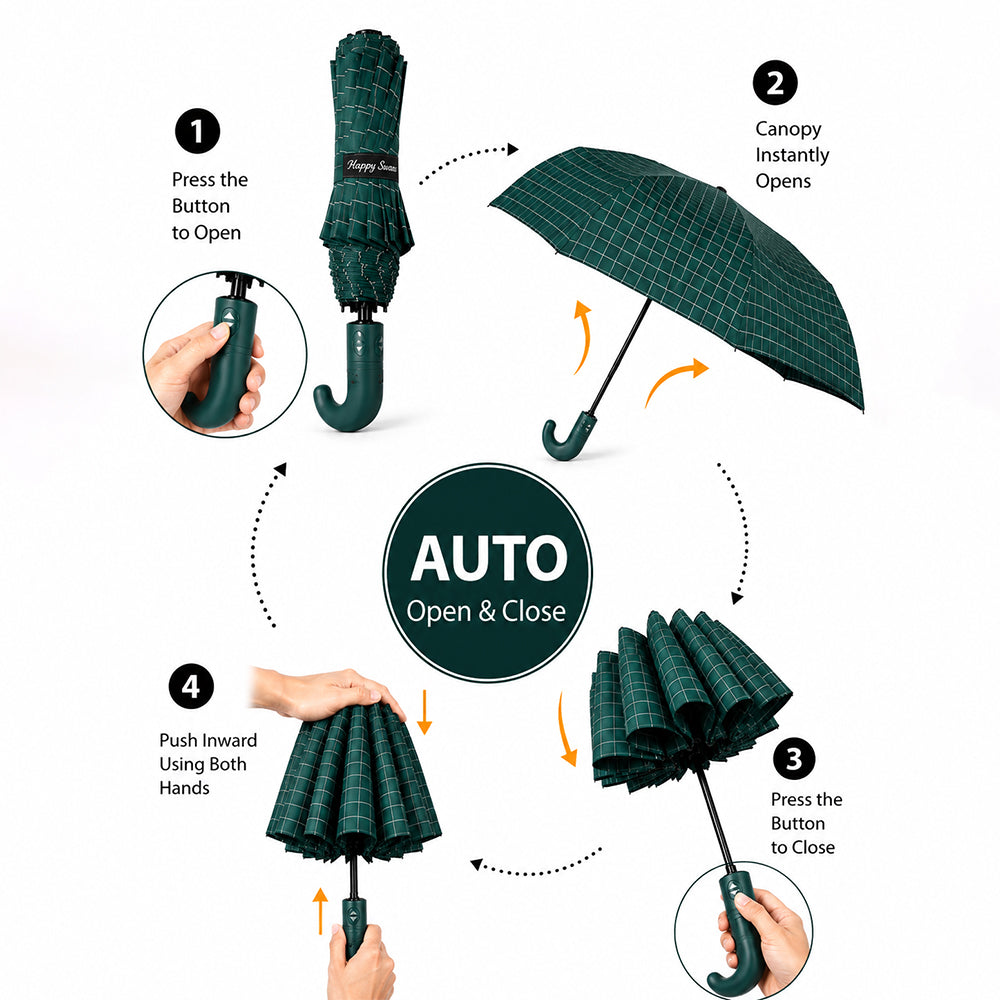 3 Fold Checkered  Auto Open & Close Umbrella for Teens & Adults