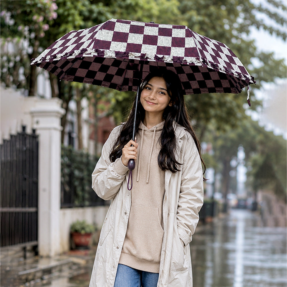 3 fold Frills and Checks Printed Umbrella