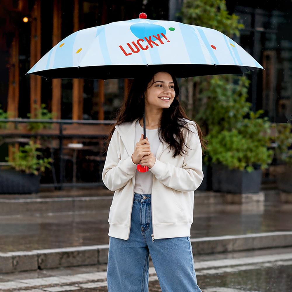 3 Fold Multi Polka with Red Boot Handle UPF 50+ Umbrella