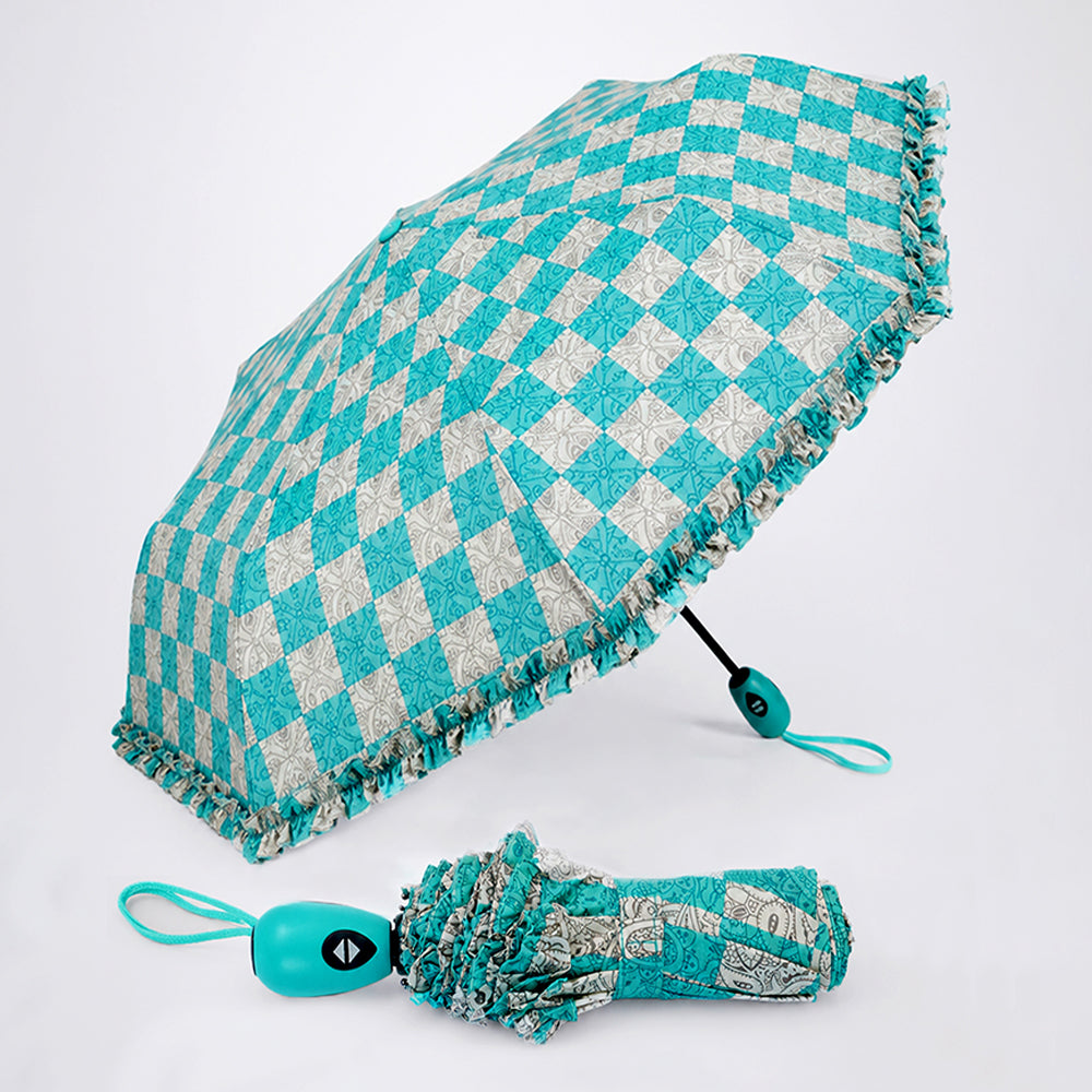3 fold Frills and Checks Printed Umbrella
