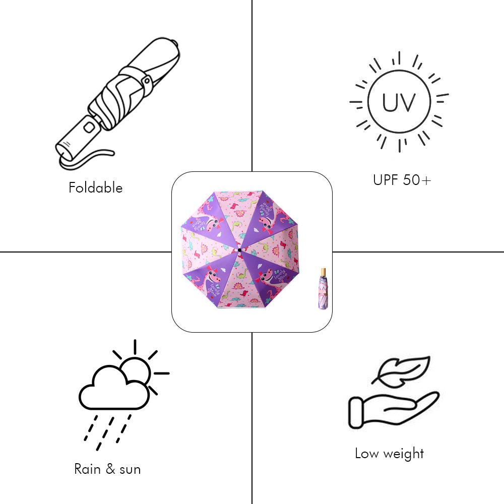 Little Surprise Box, 3-Fold Pink Dinosaur Print Rain And All-Season Kids Umbrella