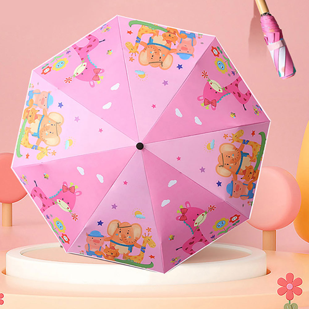 Little Surprise Box, 3-Fold Pink Giraffe Jungle Theme Rain And All-Season Kids Umbrella 