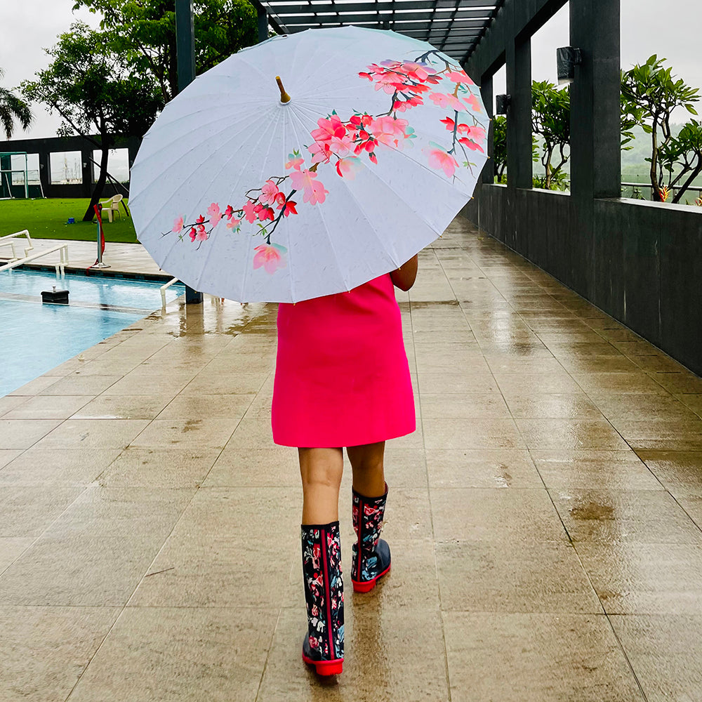 Little Surprise Box, Teal & Pink Floral, Chinese Canopy Style Rain and All season Umbrella