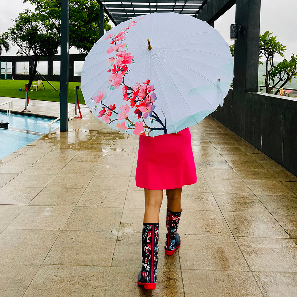 Little Surprise Box, Teal & Pink Floral, Chinese Canopy Style Rain and All season Umbrella