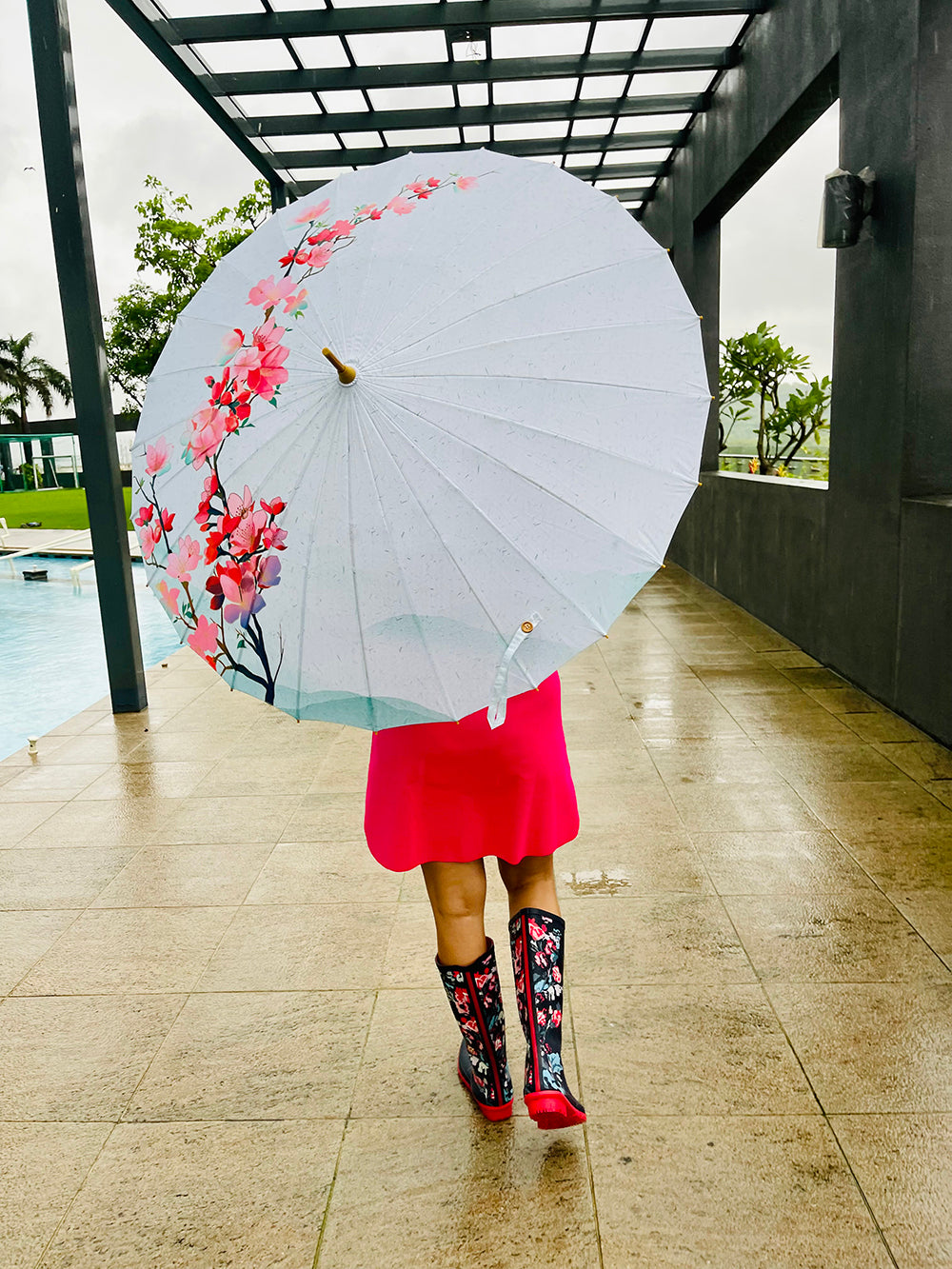 Little Surprise Box, Teal & Pink Floral, Chinese Canopy Style Rain and All season Umbrella