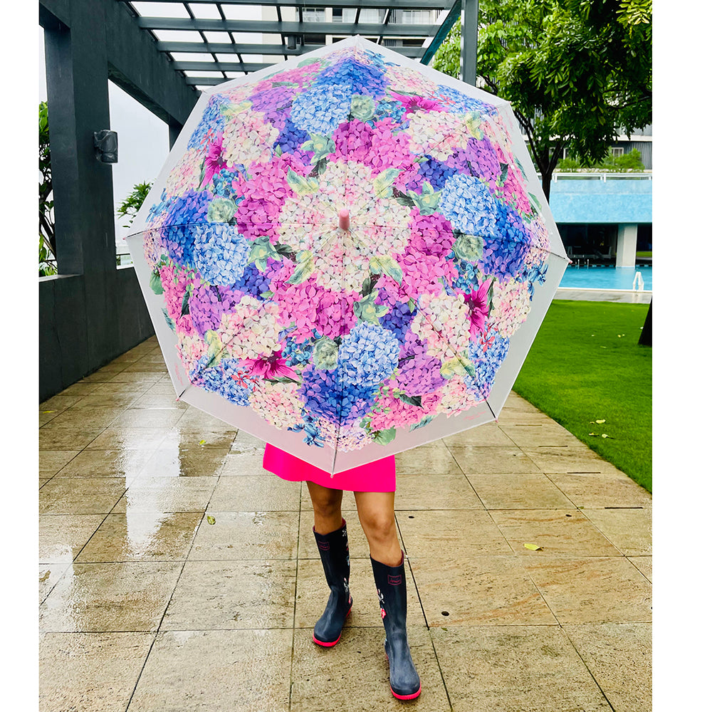 Little Surprise Box, Pink Hydrangea Bunch Floral Print Translucent All-Season Umbrella For Kids & Adults.