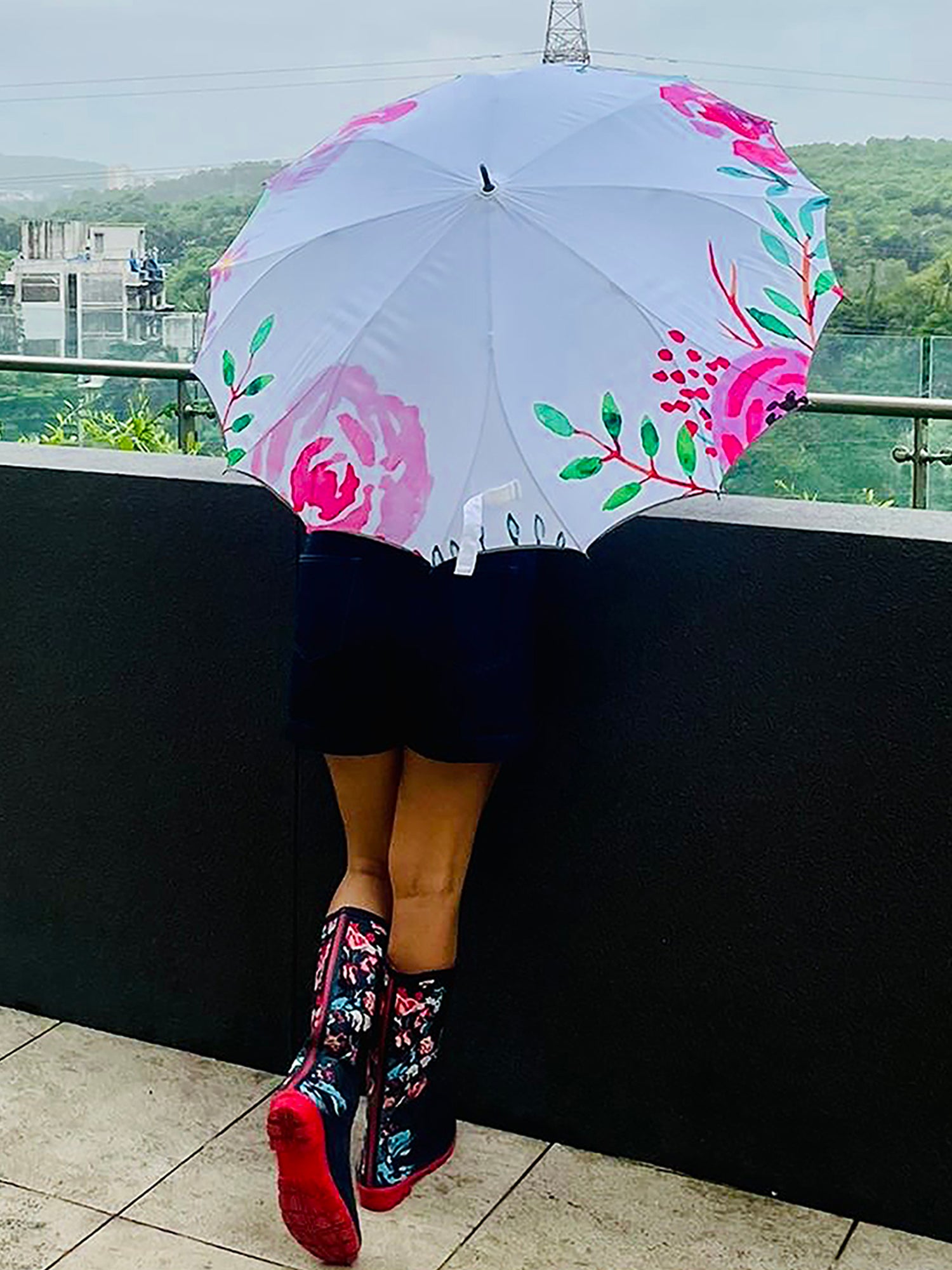 Little Surprise Box, Pink floral Paint Brush theme Rain & All Season Umbrella for Teens And Adults