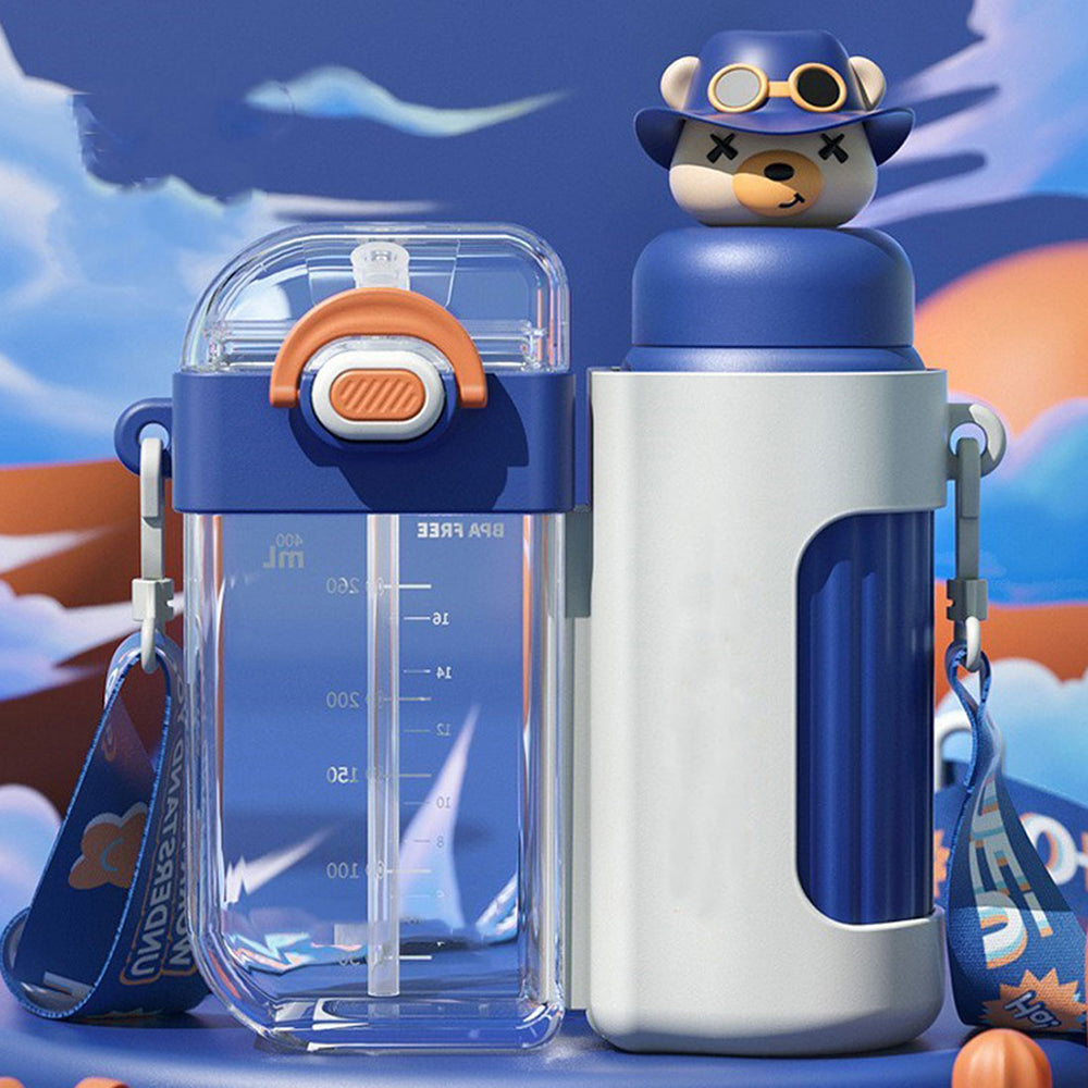 Little Surprise Box Double Tumbler Blue Bear Detachable Set Water Bottle, 400 Ml & 320Ml For Kids And Adults