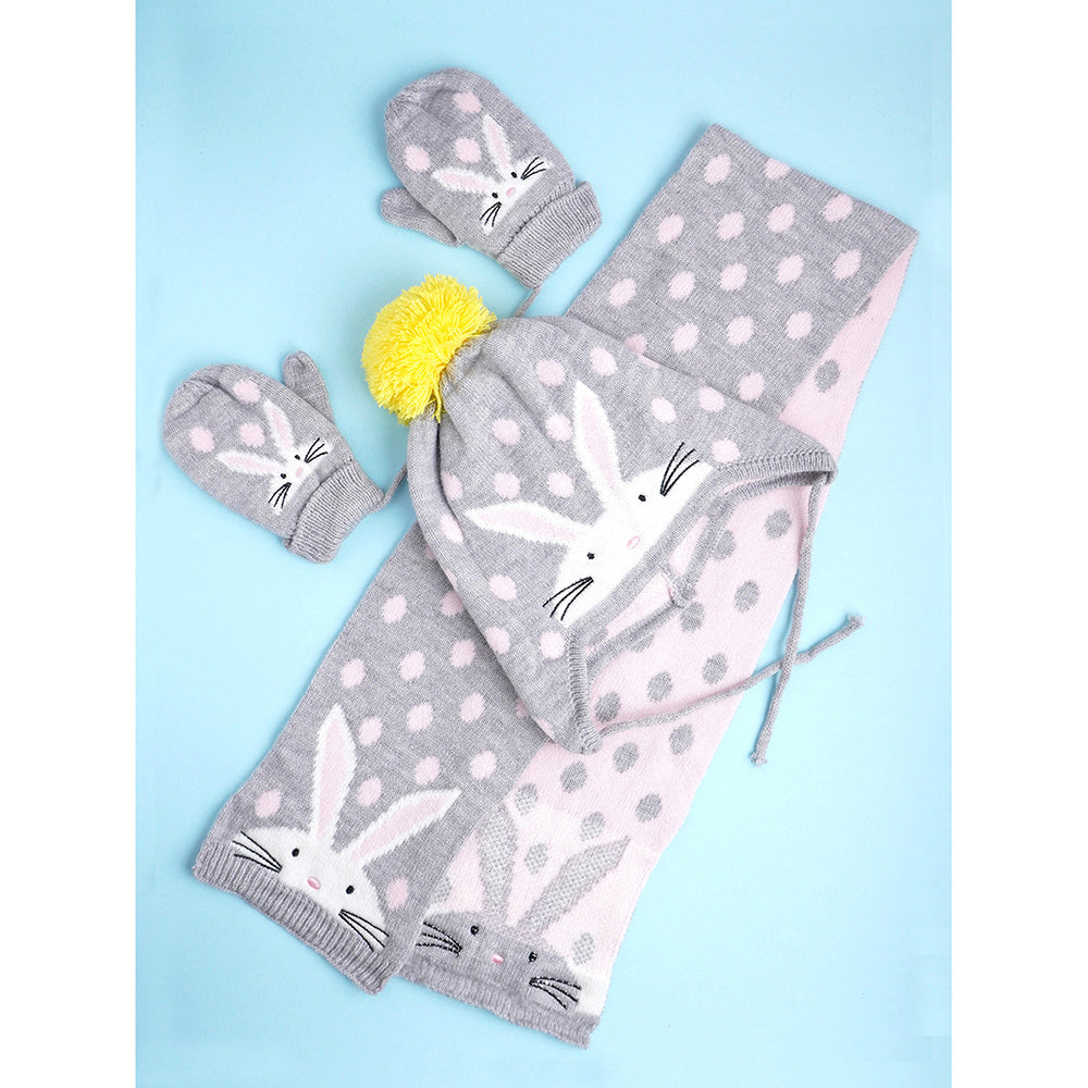 Little Surpise Box 3Pcs Grey Bunny Rabbit Matching Beanie Winter Cap Mufflers And Gloves Set