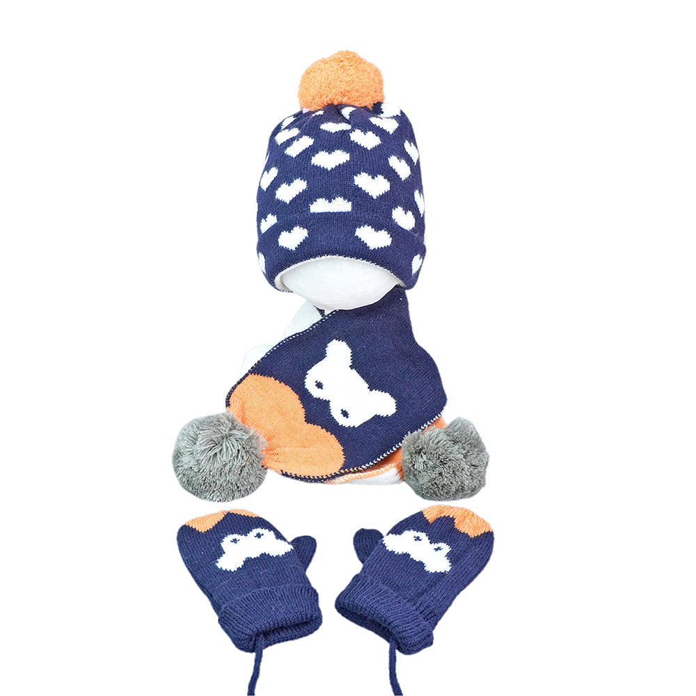 Little Surpise Box 3Pcs Navy & Orange Fox Matching Beanie Winter Cap Mufflers And Gloves Set