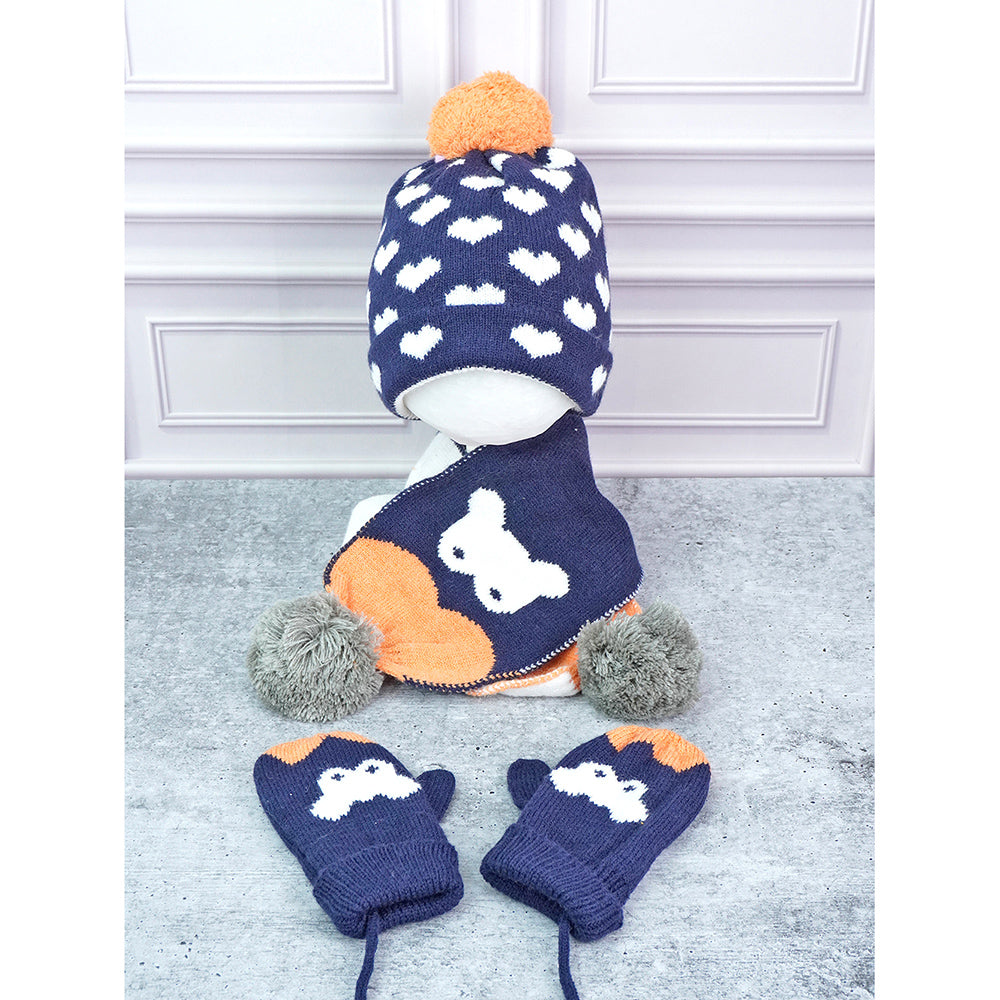 Little Surpise Box 3Pcs Navy & Orange Fox Matching Beanie Winter Cap Mufflers And Gloves Set