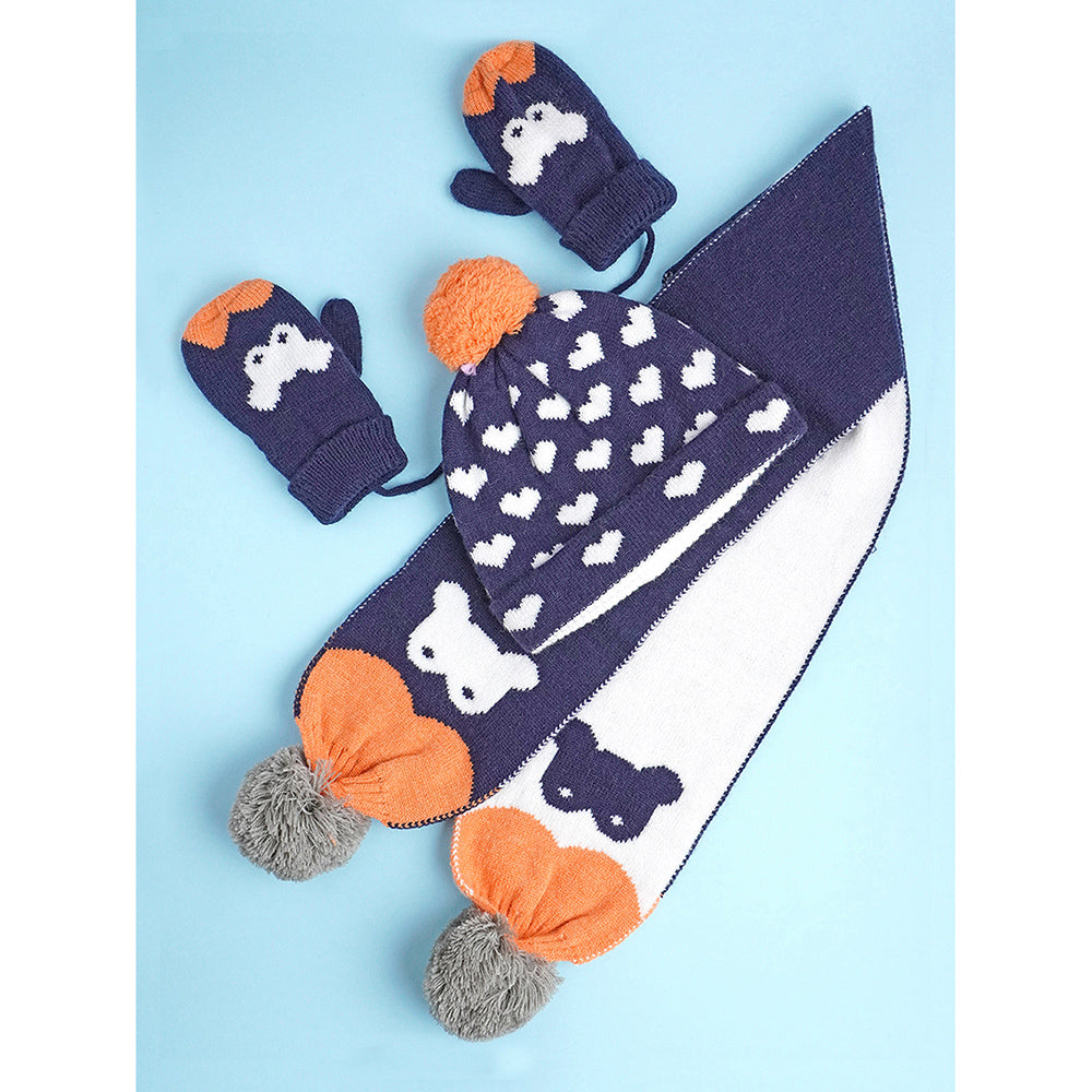 Little Surpise Box 3Pcs Navy & Orange Fox Matching Beanie Winter Cap Mufflers And Gloves Set