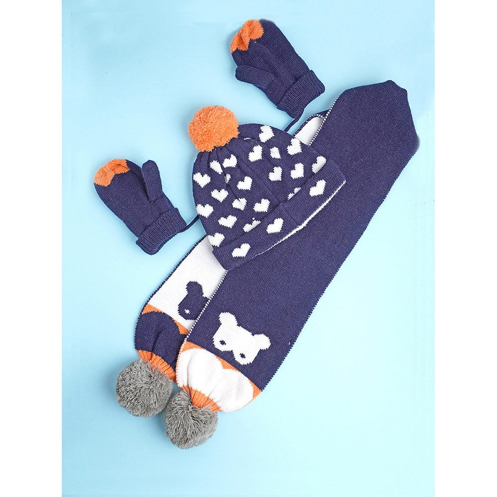 Little Surpise Box 3Pcs Navy & Orange Fox Matching Beanie Winter Cap Mufflers And Gloves Set