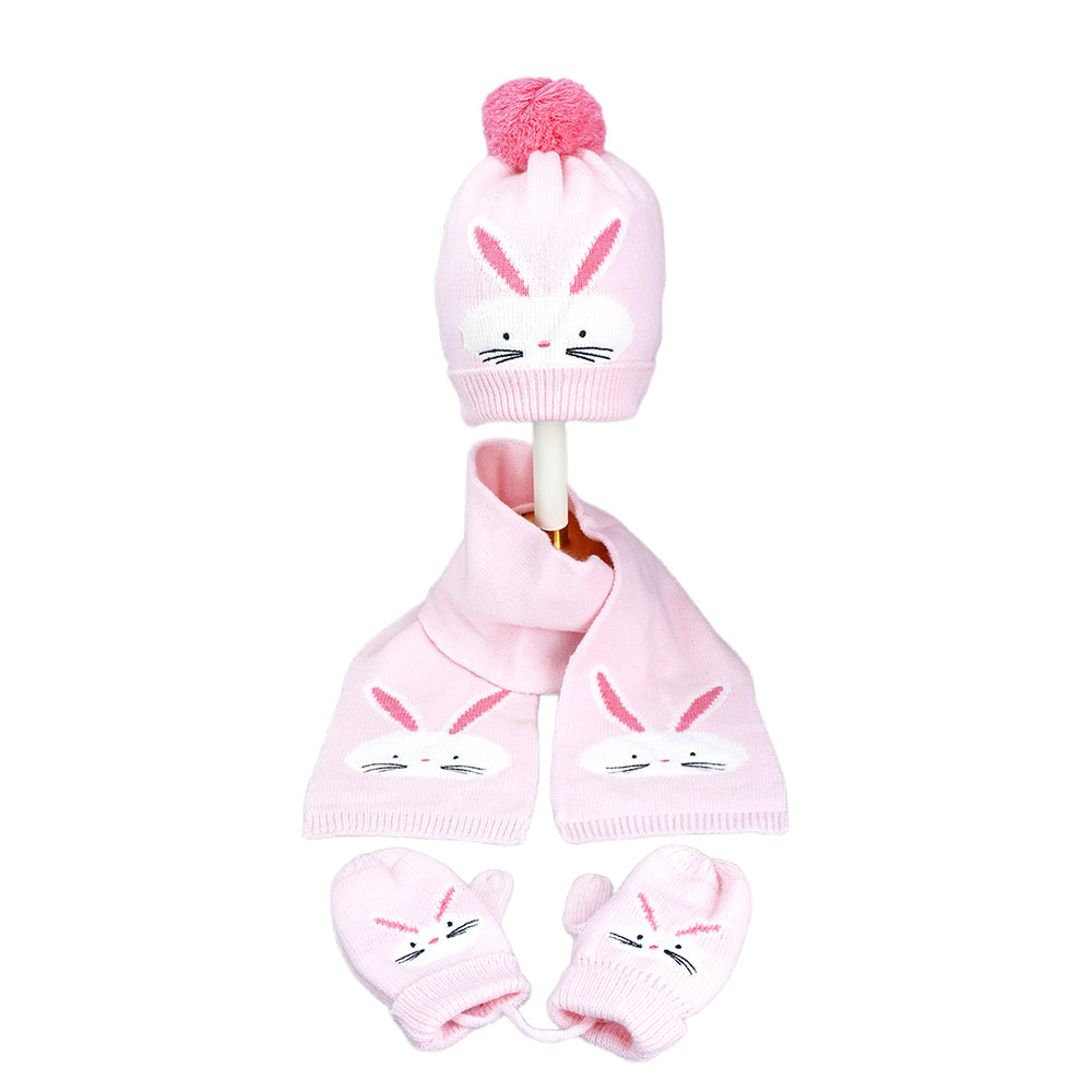 Little Surpise Box 3Pcs Pink Bunny Rabbit Matching Beanie Winter Cap Mufflers And Gloves Set