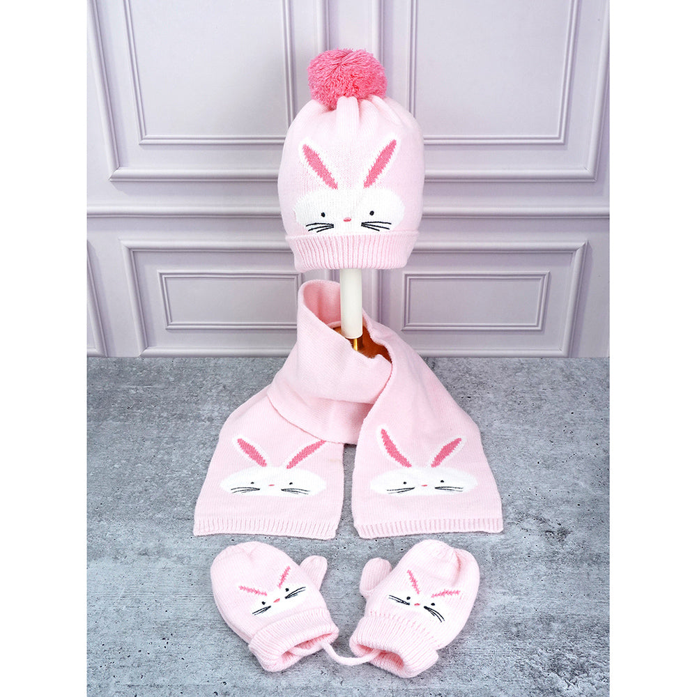 Little Surpise Box 3Pcs Pink Bunny Rabbit Matching Beanie Winter Cap Mufflers And Gloves Set