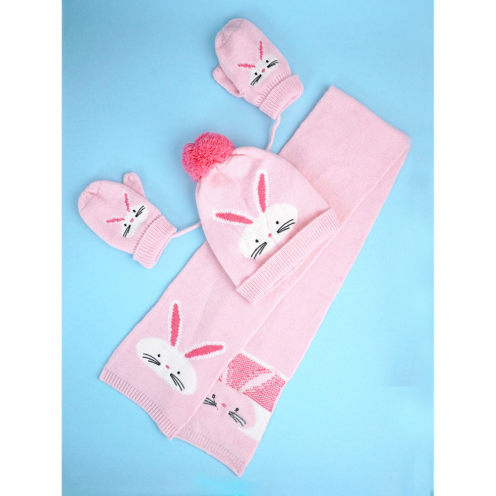 Little Surpise Box 3Pcs Pink Bunny Rabbit Matching Beanie Winter Cap Mufflers And Gloves Set