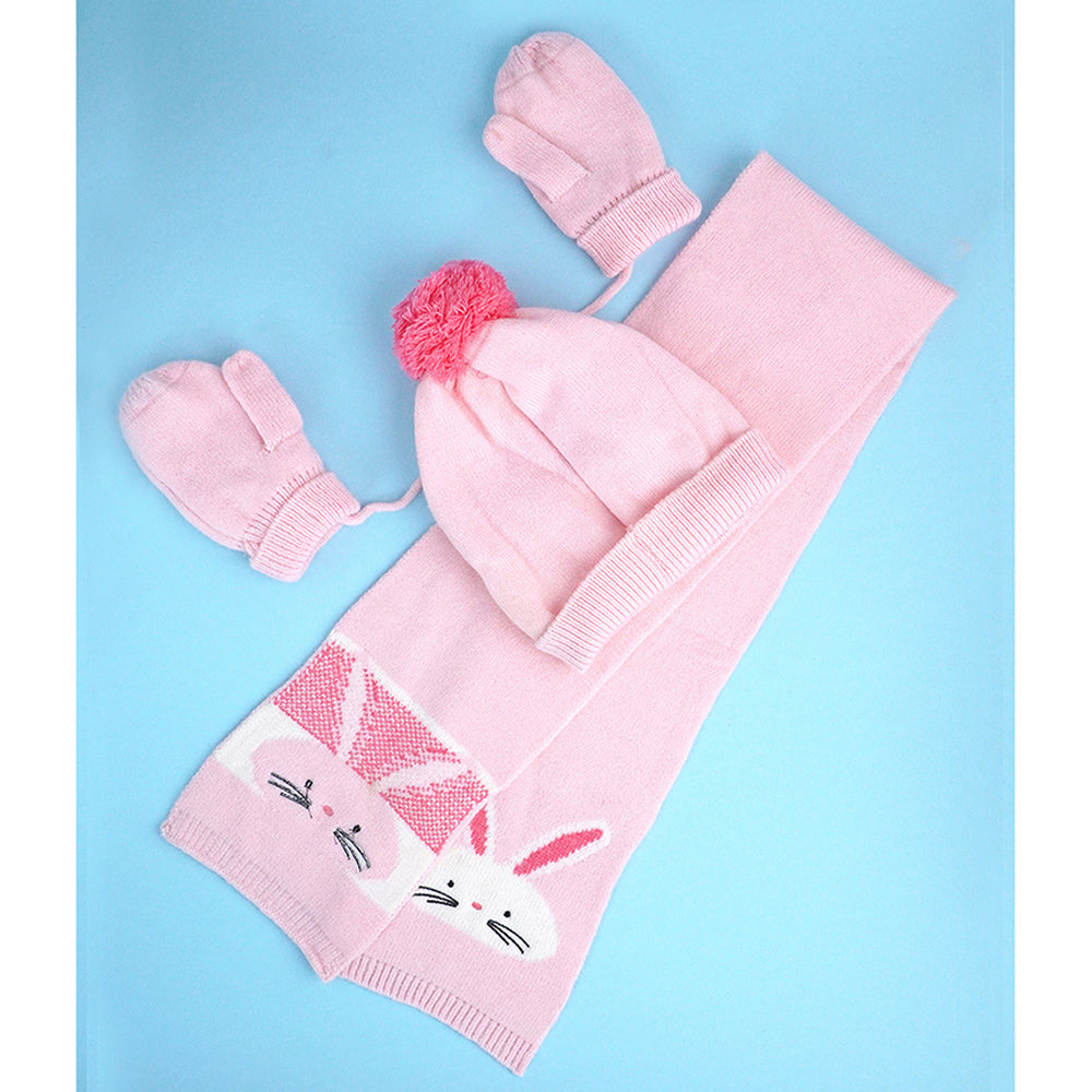 Little Surpise Box 3Pcs Pink Bunny Rabbit Matching Beanie Winter Cap Mufflers And Gloves Set