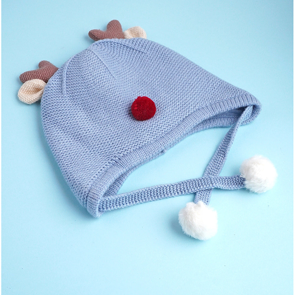 Little Surprise Box Blue Baby Antler Knitted Soft Woolen Winter Cap With Tie Up 6-18 Months