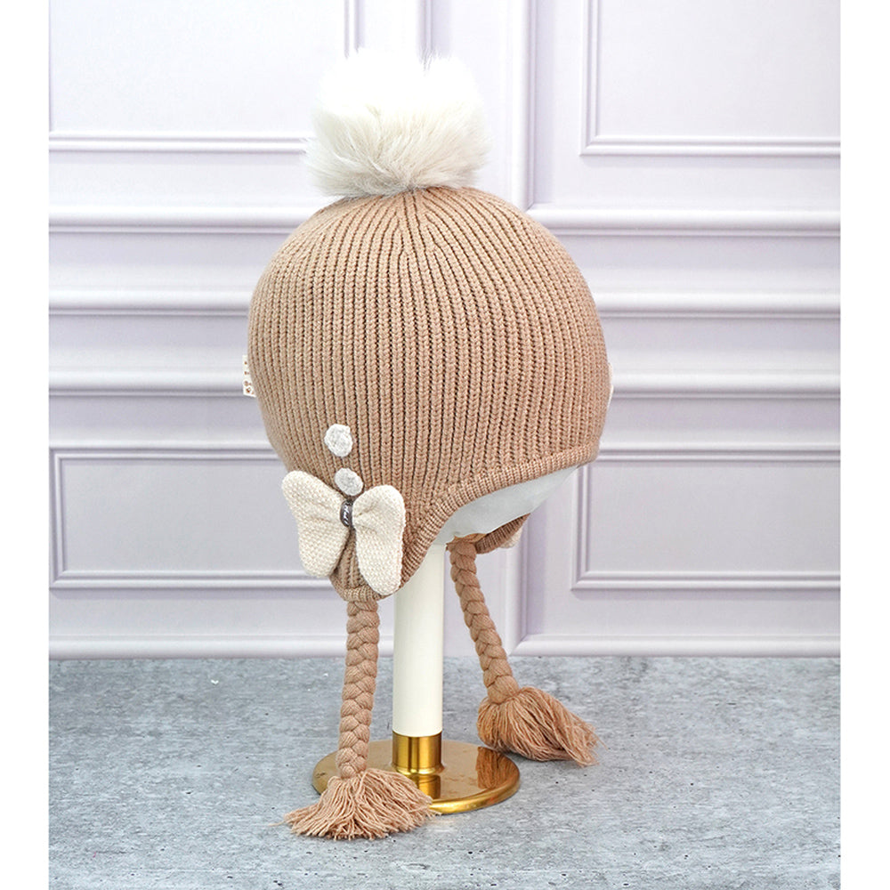 Little Surprise Box Brown Butterfly Knitted Soft Woolen Winter Cap With Tie Up 6-18 Months