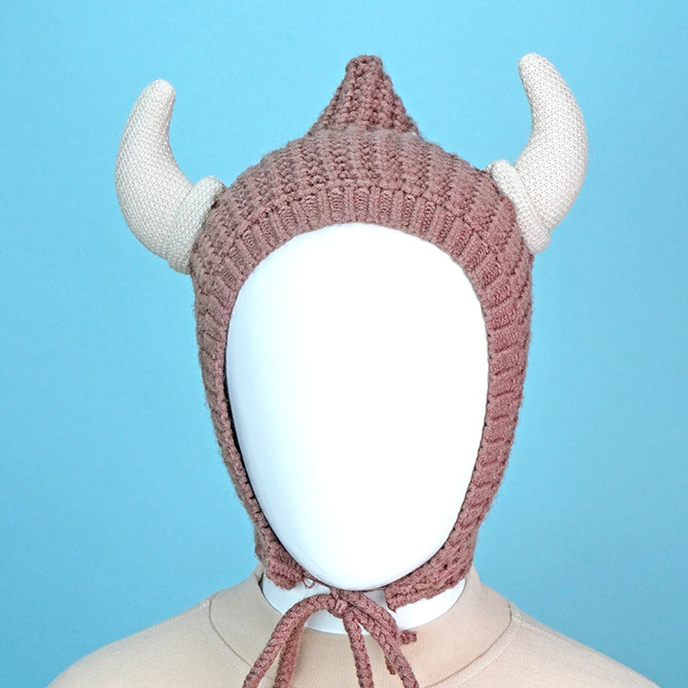 Little Surprise Box Brown Baby Horns Knitted Soft Woolen Winter Cap With Tie Up 6-18 Months