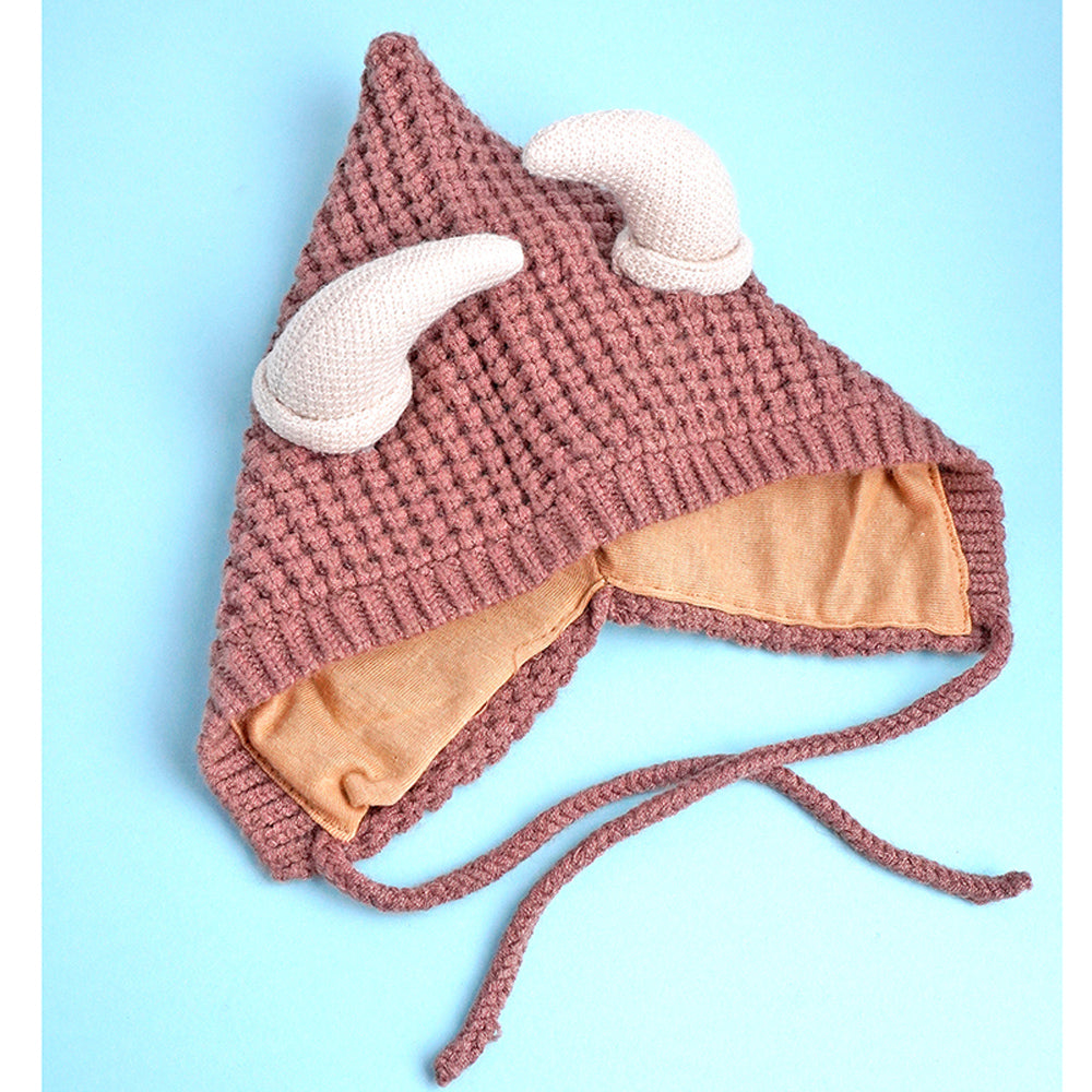 Little Surprise Box Brown Baby Horns Knitted Soft Woolen Winter Cap With Tie Up 6-18 Months