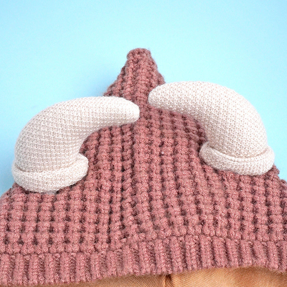 Little Surprise Box Brown Baby Horns Knitted Soft Woolen Winter Cap With Tie Up 6-18 Months