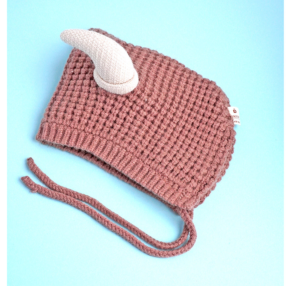 Little Surprise Box Brown Baby Horns Knitted Soft Woolen Winter Cap With Tie Up 6-18 Months