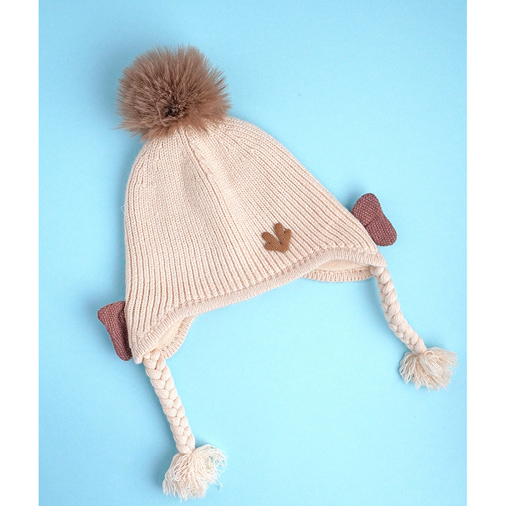 Little Surprise Box Cream Butterfly Knitted Soft Woolen Winter Cap With Tie Up 6-18 Months