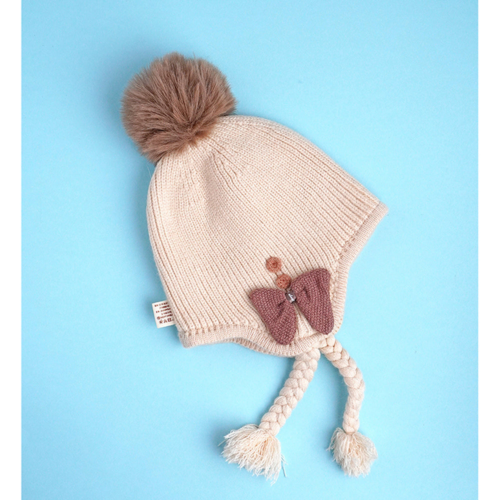 Little Surprise Box Cream Butterfly Knitted Soft Woolen Winter Cap With Tie Up 6-18 Months