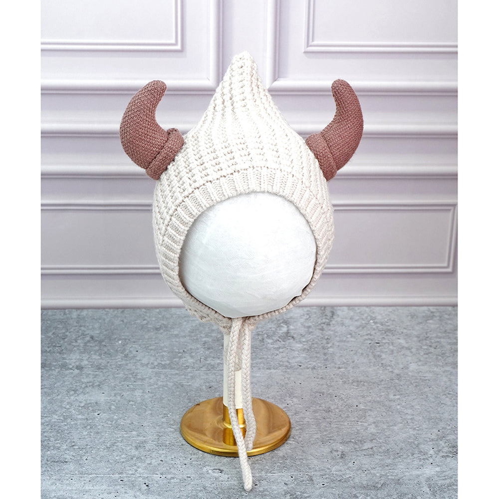 Little Surprise Box Cream Baby Horns Knitted Soft Woolen Winter Cap With Tie Up 6-18 Months