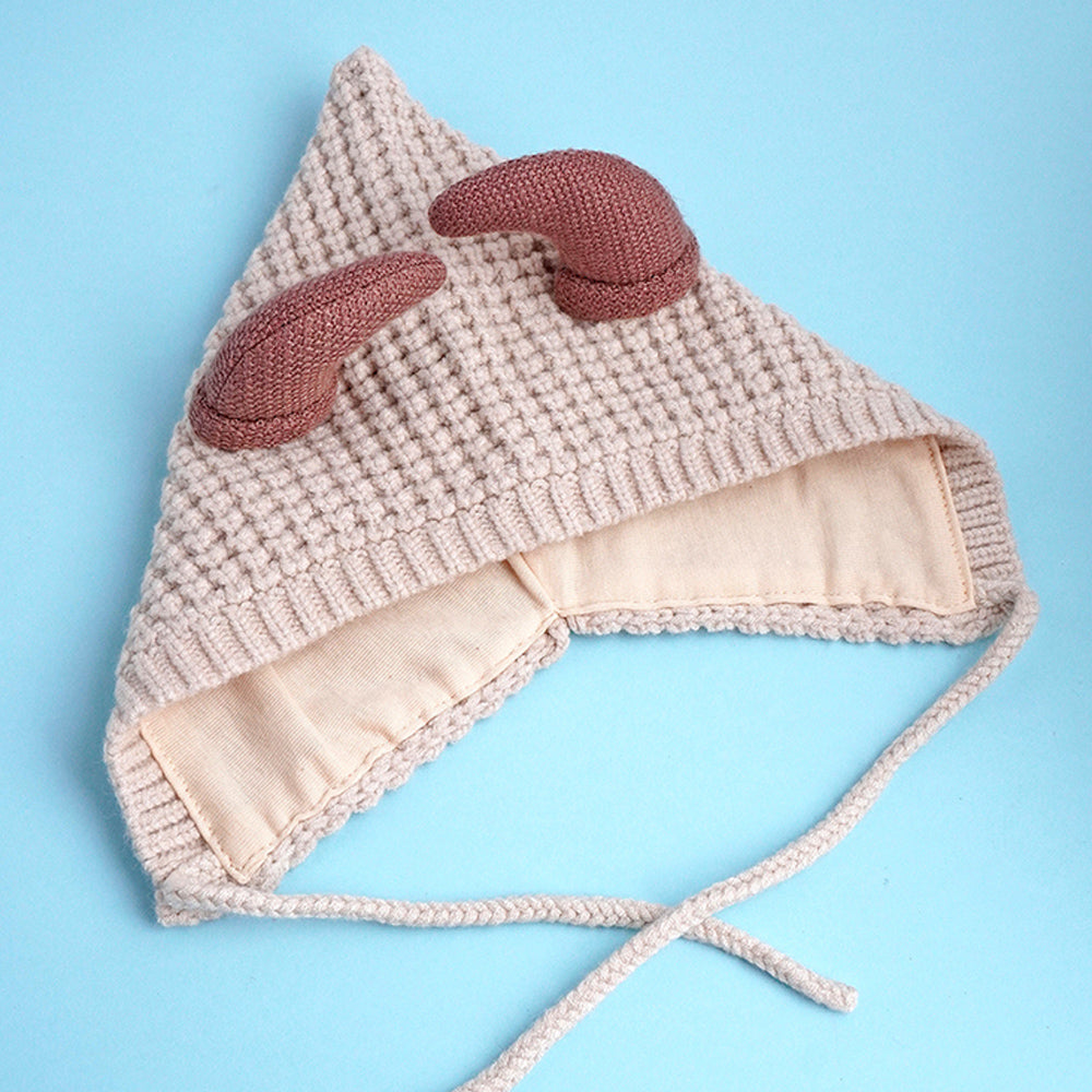 Little Surprise Box Cream Baby Horns Knitted Soft Woolen Winter Cap With Tie Up 6-18 Months