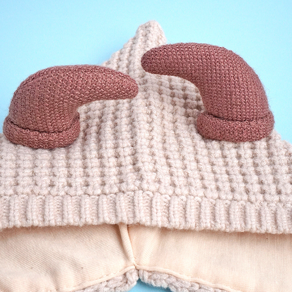 Little Surprise Box Cream Baby Horns Knitted Soft Woolen Winter Cap With Tie Up 6-18 Months