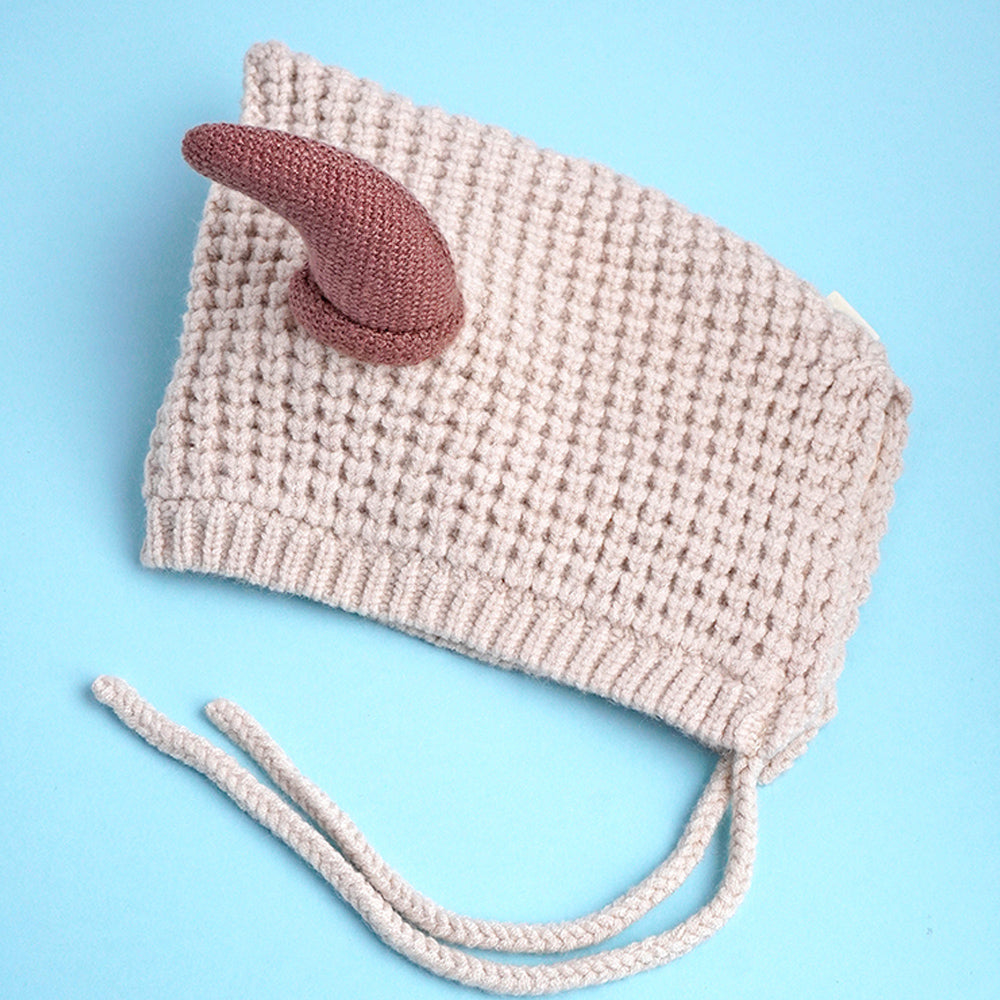 Little Surprise Box Cream Baby Horns Knitted Soft Woolen Winter Cap With Tie Up 6-18 Months