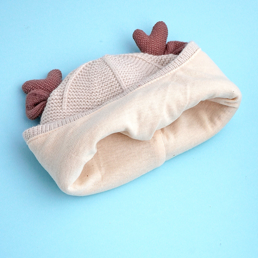 Little Surprise Box Cream Baby Antler Knitted Soft Woolen Winter Cap With Tie Up 6-18 Months