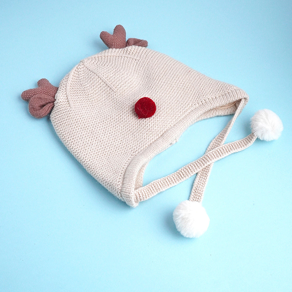 Little Surprise Box Cream Baby Antler Knitted Soft Woolen Winter Cap With Tie Up 6-18 Months