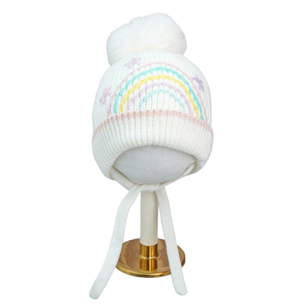 Little Surprise Box Cream Embroidered Rainbow Knitted Woolen Winter Cap/ Beanie For Kids.