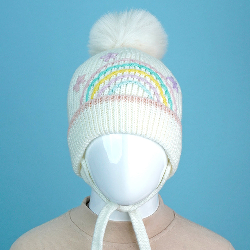 Little Surprise Box Cream Embroidered Rainbow Knitted Woolen Winter Cap/ Beanie For Kids.