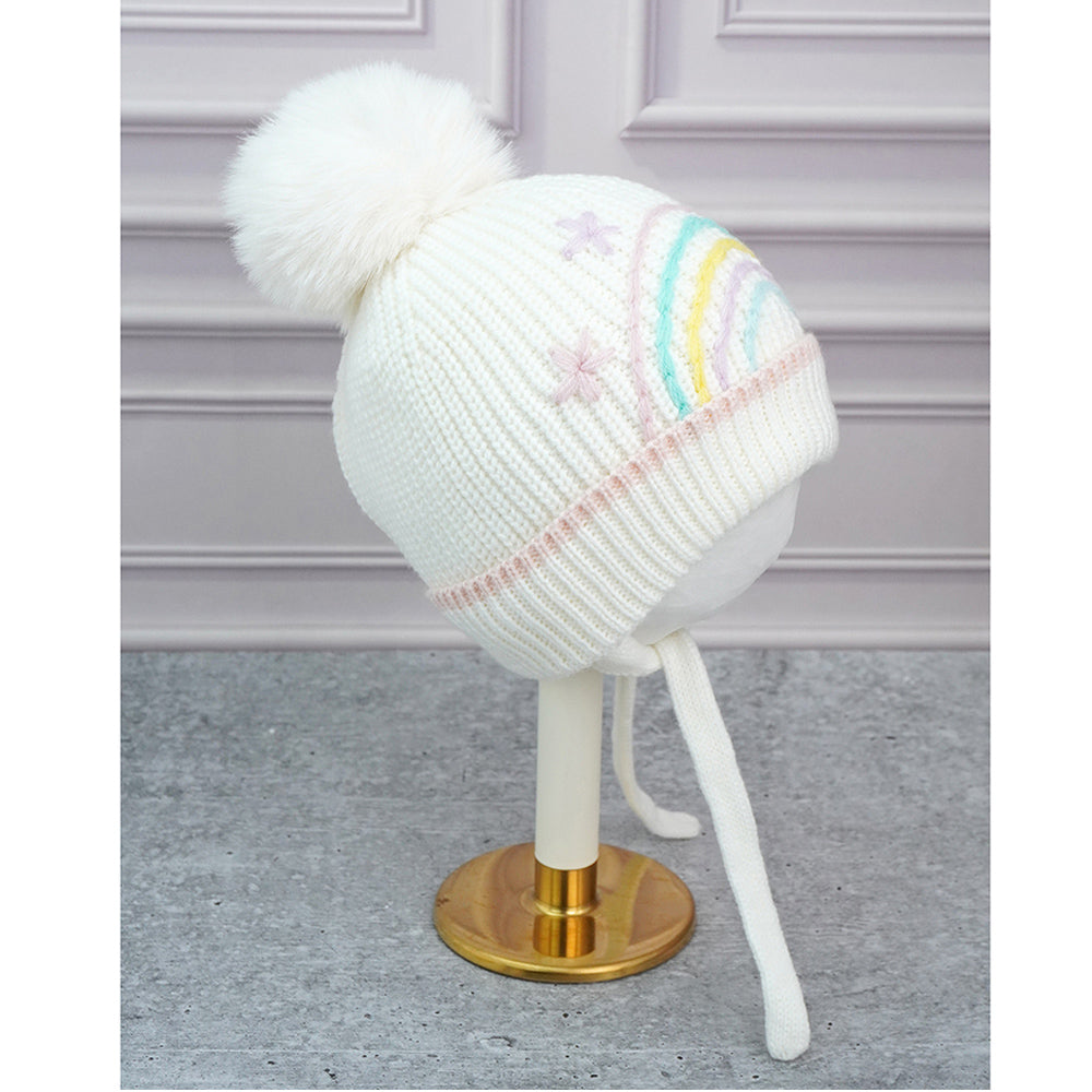 Little Surprise Box Cream Embroidered Rainbow Knitted Woolen Winter Cap/ Beanie For Kids.