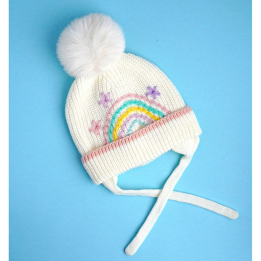 Little Surprise Box Cream Embroidered Rainbow Knitted Woolen Winter Cap/ Beanie For Kids.