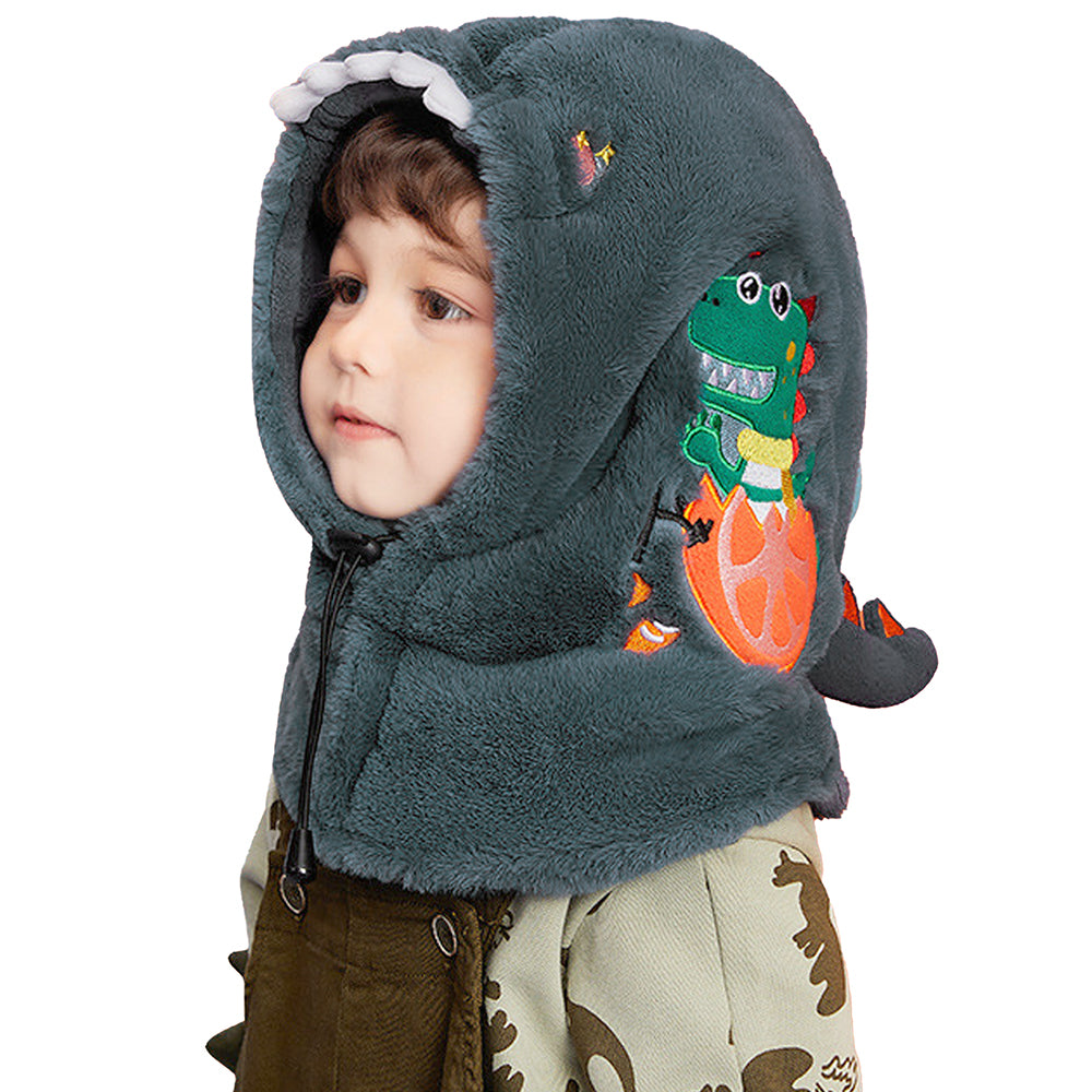 Little Surprise Box Grey Furry Dino theme Winter Cap covering Mouth, Neck And Head For Minus Degree Temperature, 5 yrs And Above