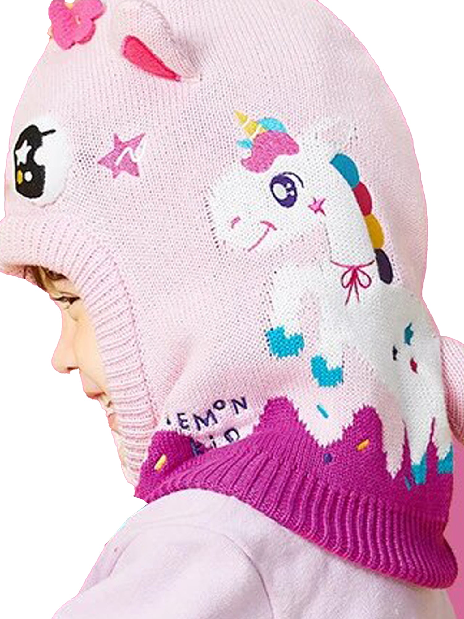 Little Surprise Box Knitted Pink Border Unicorn Theme Winter Cap Covering  Neck , Ears and Head For Minus degree Temperature, 5 yrs and above